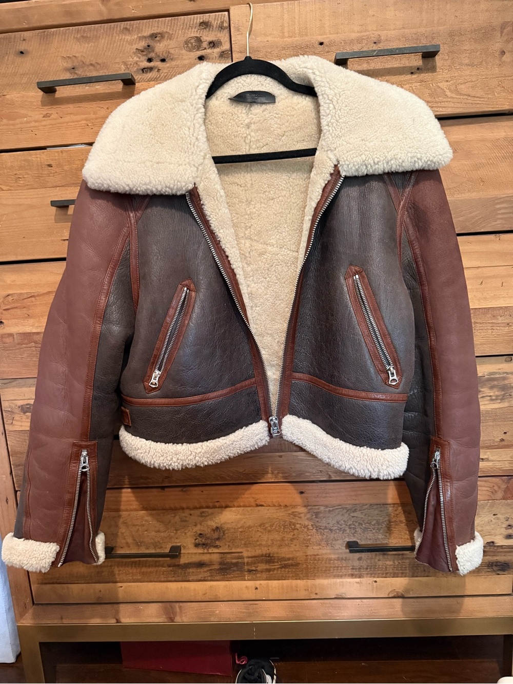 Shearling-Lined Brown Leather Bomber Jacket - Women's